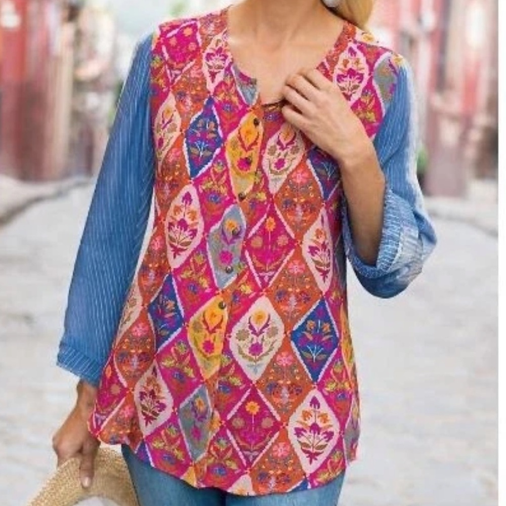 Soft Surroundings Shibori Button Up Top Blouse Boho Mixed Media